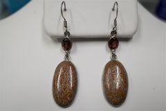 DINOSAUR BONE AND GARNET HOOK EARRINGS 1.5"